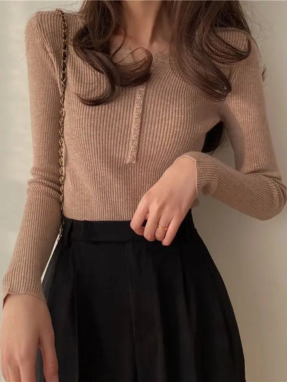 FashionSierra Basic Primer Button Chic Soft Slim Knitted Autumn Women's 2025 Sweater