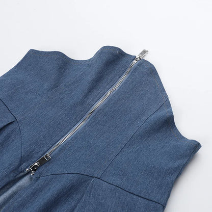 Stylish Deep V Eck Chic Zipper Corset Denim Jacket
