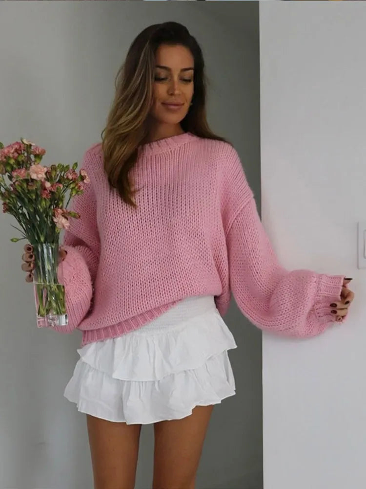 2025 Women O New Long Sleeves Loose Knit Pullover Casual Female Chic Sweater
