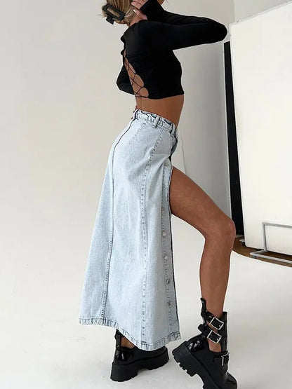 2025 Women's Denim Side Split Button High Waist Midi Office Lady Jean Long Skirt