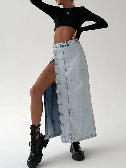 2025 Women's Denim Side Split Button High Waist Midi Office Lady Jean Long Skirt