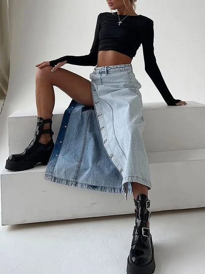 2025 Women's Denim Side Split Button High Waist Midi Office Lady Jean Long Skirt