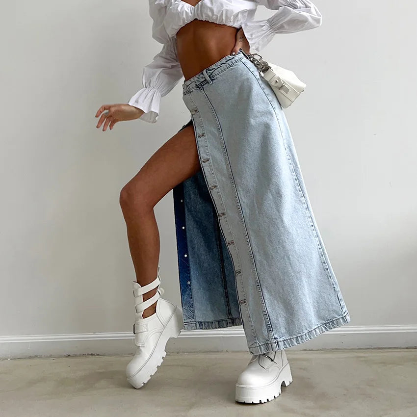 2025 Women's Denim Side Split Button High Waist Midi Office Lady Jean Long Skirt