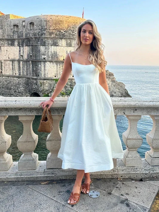 2025 Women's Pink and Pretty White Vacation Spaghetti Strap Beach A Line Party Casual Midi Dress