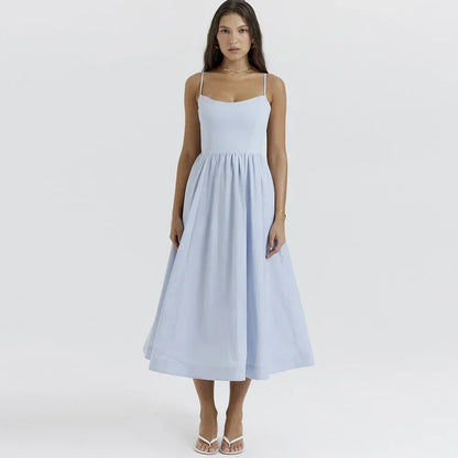 2025 Women's Pink and Pretty White Vacation Spaghetti Strap Beach A Line Party Casual Midi Dress