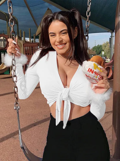 2025 long sleeve fur V-neck wrapped bandage sexy crop tops autumn winter women streetwear club party outfits T-shirts