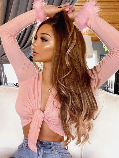 2025 long sleeve fur V-neck wrapped bandage sexy crop tops autumn winter women streetwear club party outfits T-shirts