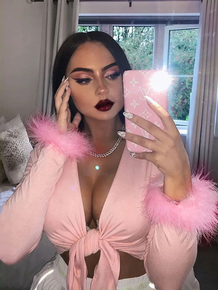 2025 long sleeve fur V-neck wrapped bandage sexy crop tops autumn winter women streetwear club party outfits T-shirts