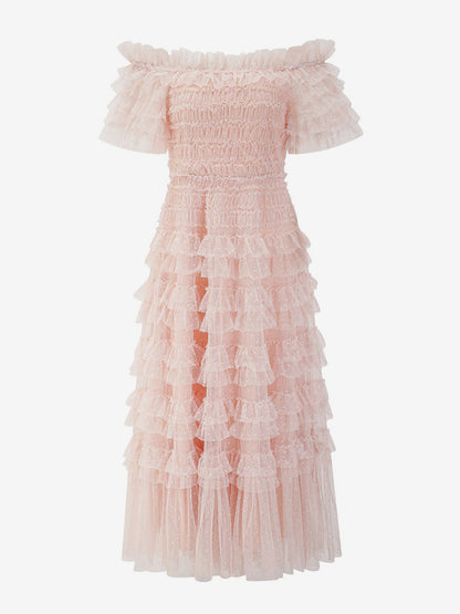 Party Maxi Dresses Embellished Collar Ruffles Polka Dot Sheer Semi Formal Dress