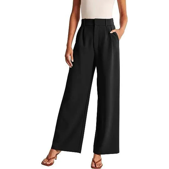 Women Fashion Casual Solid Color High Waist Wide Leg Pants