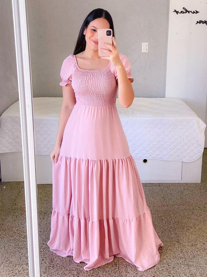 A-Line Dress Smocked Short Sleeves Tiered Ruffles Summer Maxi Dresses