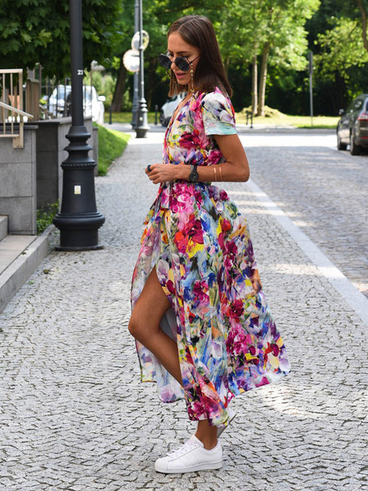 Printed Wrap Dress V-Neck Short Sleeves Belted Casual Summer Midi Dresses