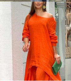 Conjunto de top y pantalones anchos de manga larga irregulares de algodón y lino de color liso informal para mujer
