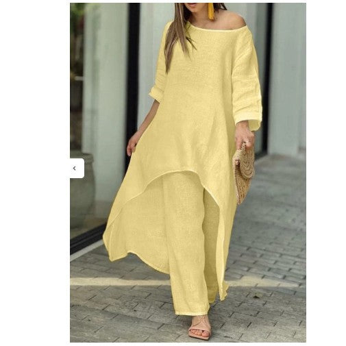 Conjunto de top y pantalones anchos de manga larga irregulares de algodón y lino de color liso informal para mujer
