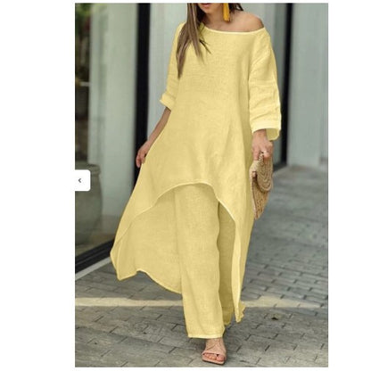 Conjunto de top y pantalones anchos de manga larga irregulares de algodón y lino de color liso informal para mujer