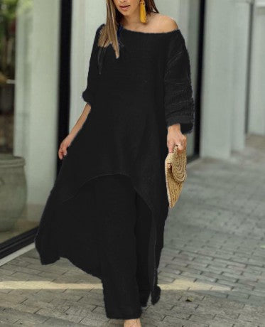 Conjunto de top y pantalones anchos de manga larga irregulares de algodón y lino de color liso informal para mujer