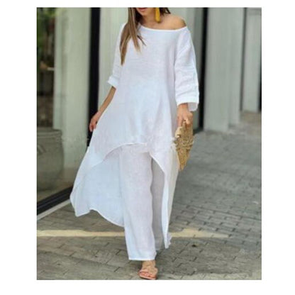 Conjunto de top y pantalones anchos de manga larga irregulares de algodón y lino de color liso informal para mujer