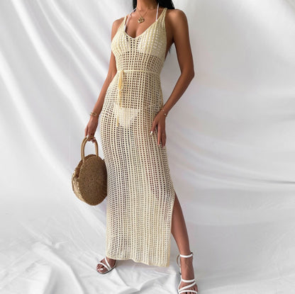 Vestido largo playero de punto calado, informal, de color liso, para vacaciones, para mujer
