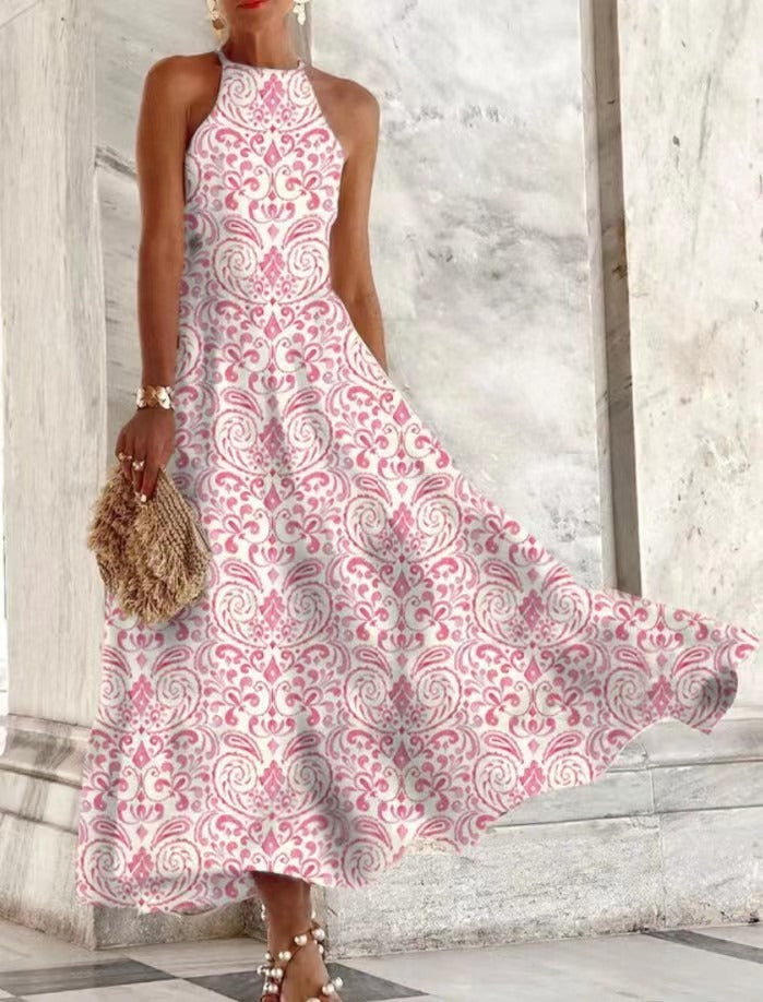 Vestido largo informal sin mangas con cuello halter y estampado floral chino vintage para mujer