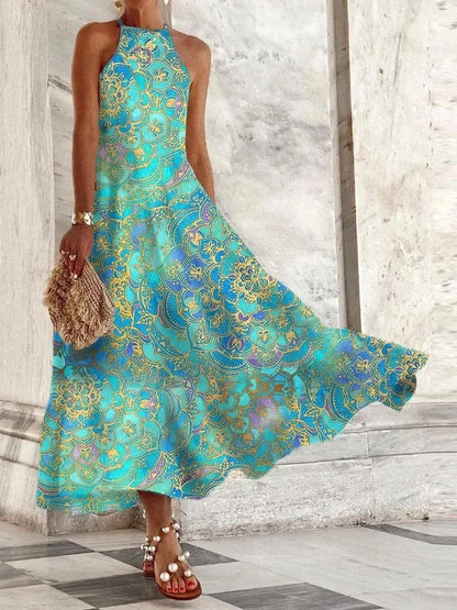 Vestido largo informal sin mangas con cuello halter y estampado floral chino vintage para mujer