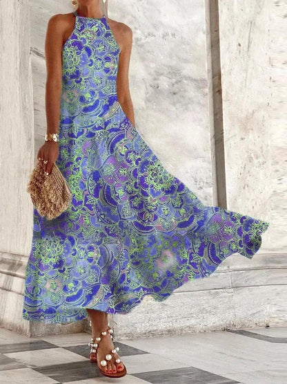 Vestido largo informal sin mangas con cuello halter y estampado floral chino vintage para mujer