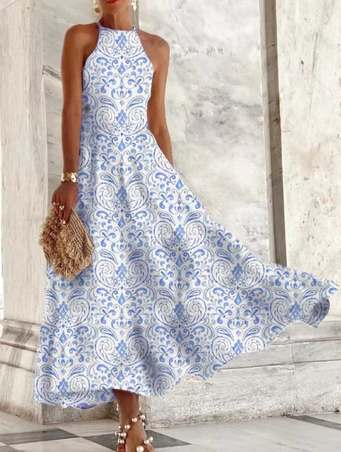 Vestido largo informal sin mangas con cuello halter y estampado floral chino vintage para mujer