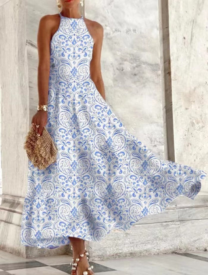 Vestido largo informal sin mangas con cuello halter y estampado floral chino vintage para mujer
