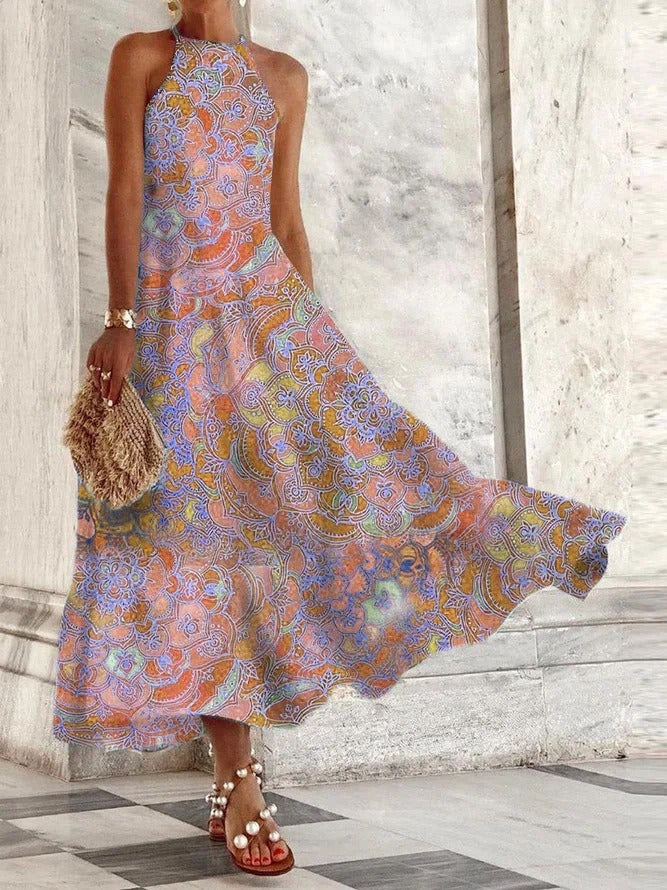 Vestido largo informal sin mangas con cuello halter y estampado floral chino vintage para mujer