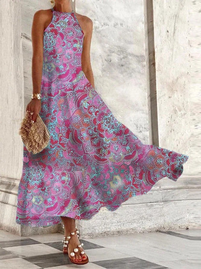 Vestido largo informal sin mangas con cuello halter y estampado floral chino vintage para mujer