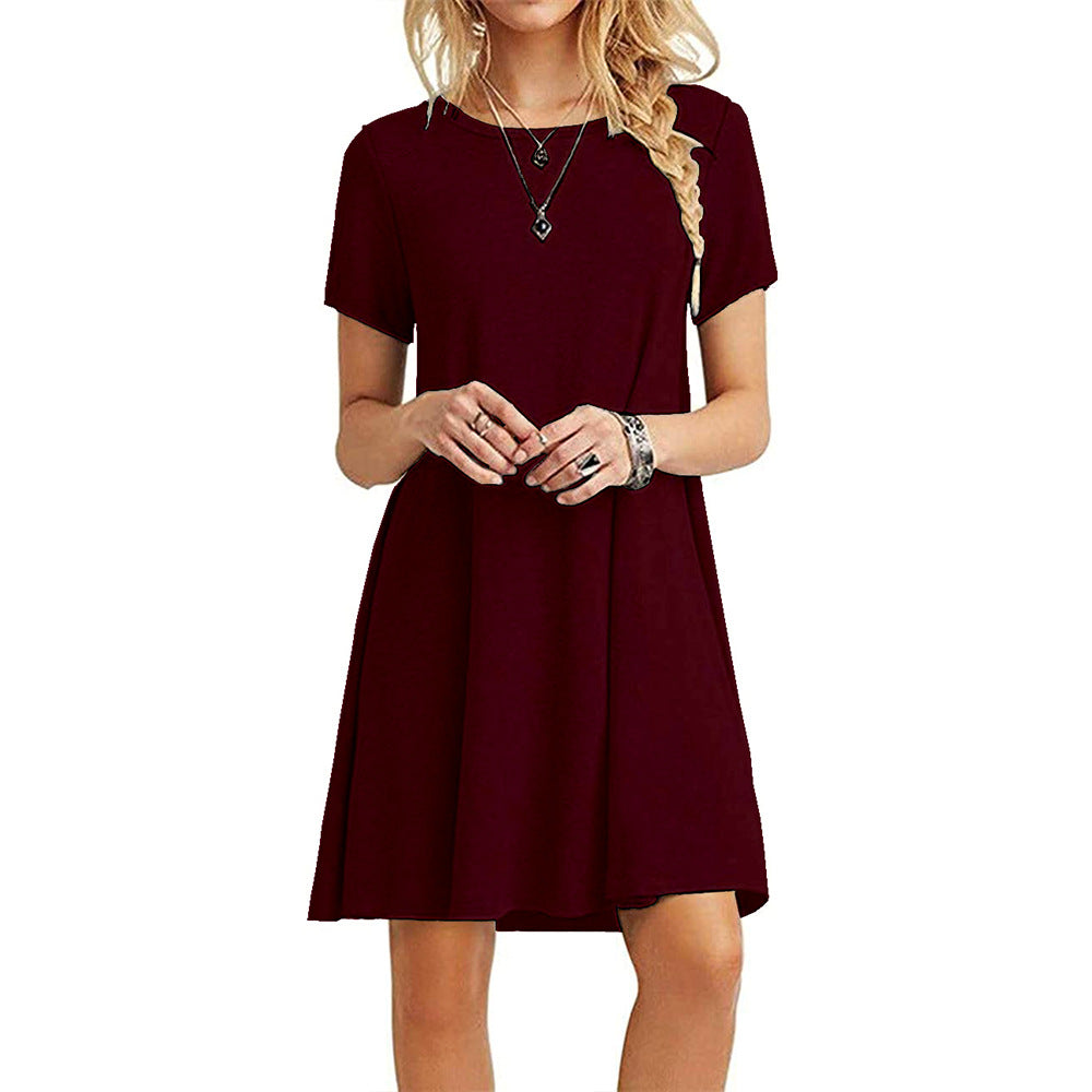S-XXL Women Solid Color Short-sleeve Loose Casual Dress