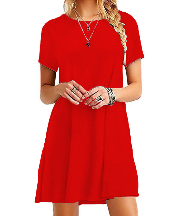 S-XXL Women Solid Color Short-sleeve Loose Casual Dress