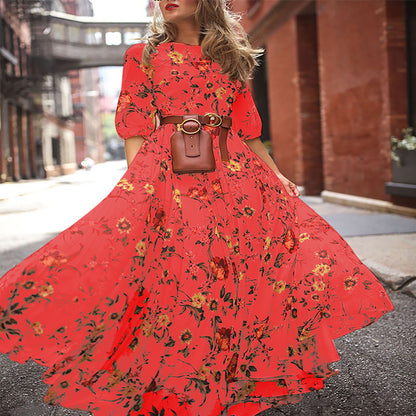Vestido maxi bohemio informal con estampado floral y escote redondo, tallas S-XXL