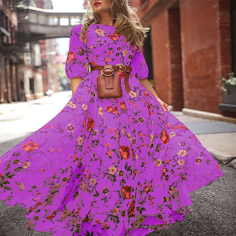Vestido maxi bohemio informal con estampado floral y escote redondo, tallas S-XXL