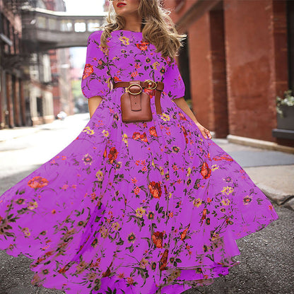 Vestido maxi bohemio informal con estampado floral y escote redondo, tallas S-XXL