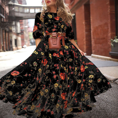 Vestido maxi bohemio informal con estampado floral y escote redondo, tallas S-XXL