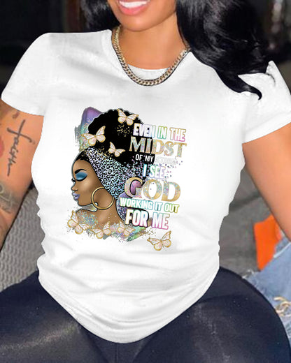 Women Casual Loose Plus Size Round Neck Short-Sleeved Pretty Girl Graphics Colorful Printed T-Shirt