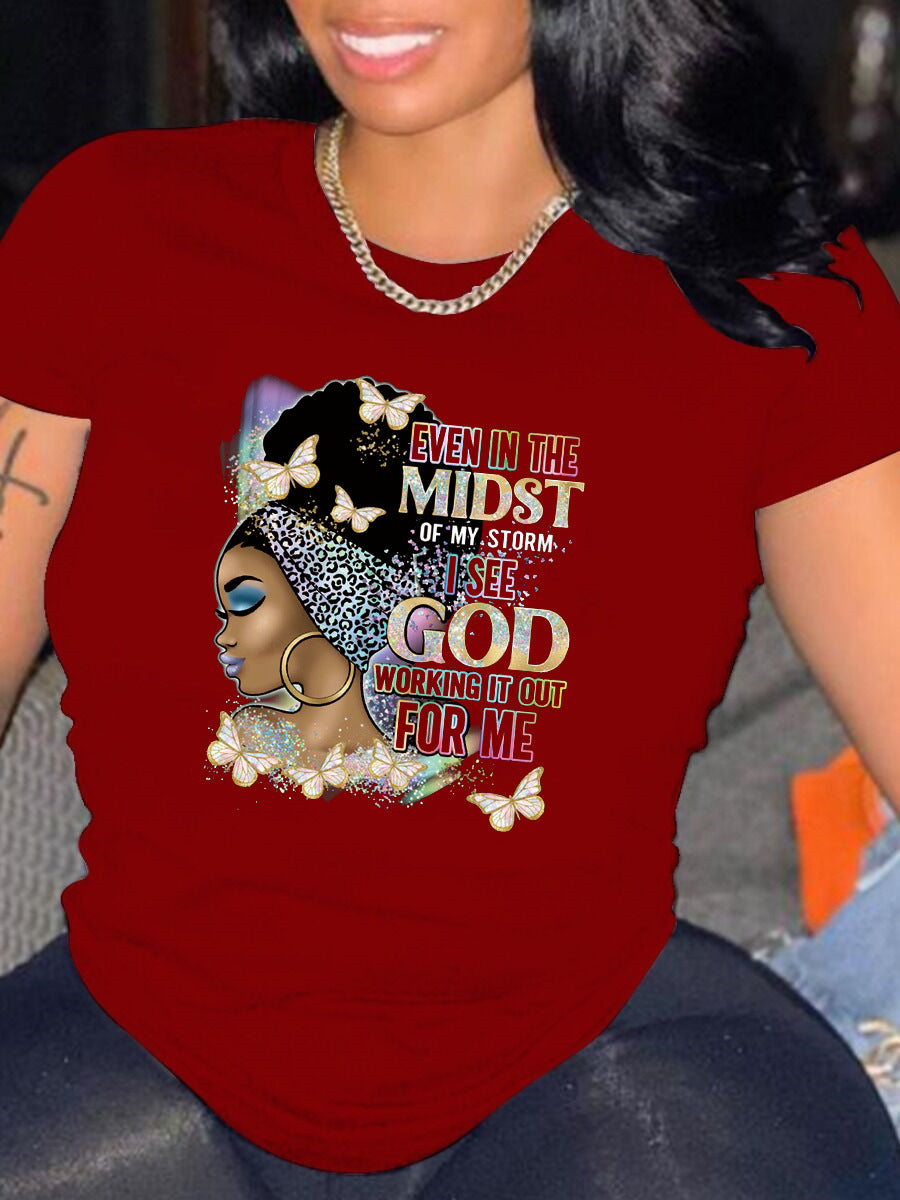 Women Casual Loose Plus Size Round Neck Short-Sleeved Pretty Girl Graphics Colorful Printed T-Shirt