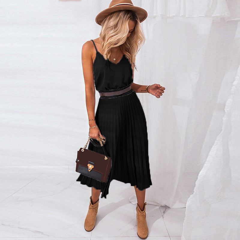 S-XL Sexy Sleeveless V-neck Pleated Casual Dress