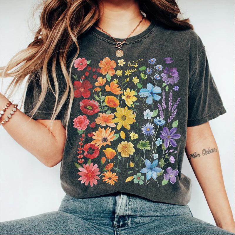 Camiseta informal holgada de manga corta con estampado floral de mariposas para mujer