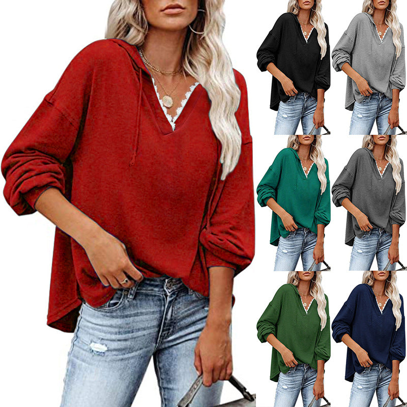 Sudadera con capucha de manga larga holgada y cuello en V informal para mujer tallas S-5XL