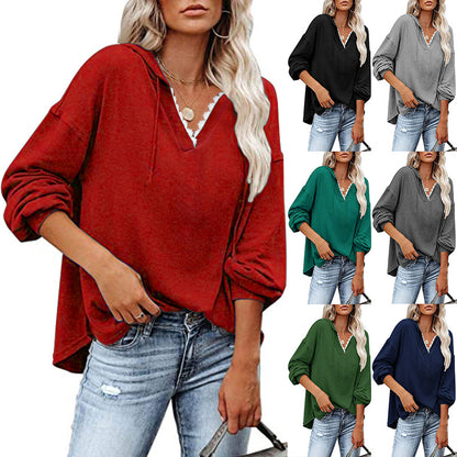 Sudadera con capucha de manga larga holgada y cuello en V informal para mujer tallas S-5XL