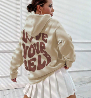Sudadera con capucha de manga larga con estampado de letras en la espalda, holgada e informal para mujer