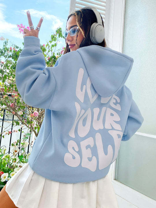 Sudadera con capucha de manga larga con estampado de letras en la espalda, holgada e informal para mujer