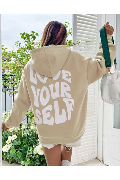 Sudadera con capucha de manga larga con estampado de letras en la espalda, holgada e informal para mujer