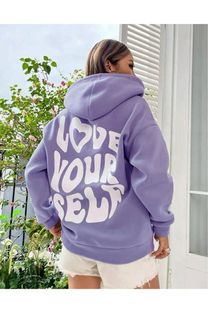 Sudadera con capucha de manga larga con estampado de letras en la espalda, holgada e informal para mujer