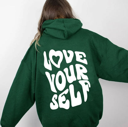 Sudadera con capucha de manga larga con estampado de letras en la espalda, holgada e informal para mujer