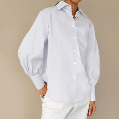 Blusa informal de trabajo para mujer con mangas largas abullonadas, botonadura sencilla y diseño de bloques de color