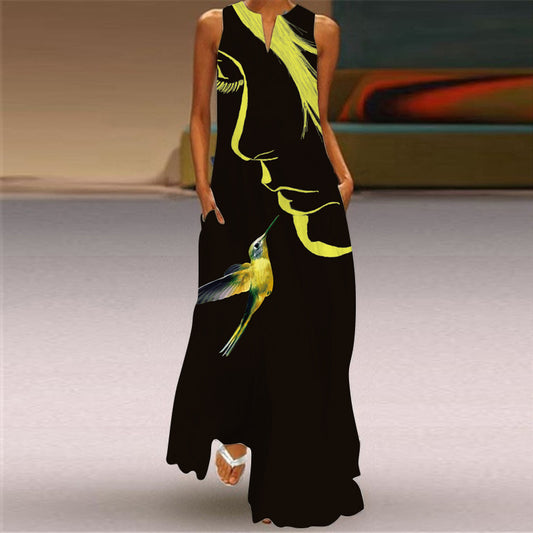 Women Casual Vintage Summer Sleeveless Gradient Color Maxi Dress