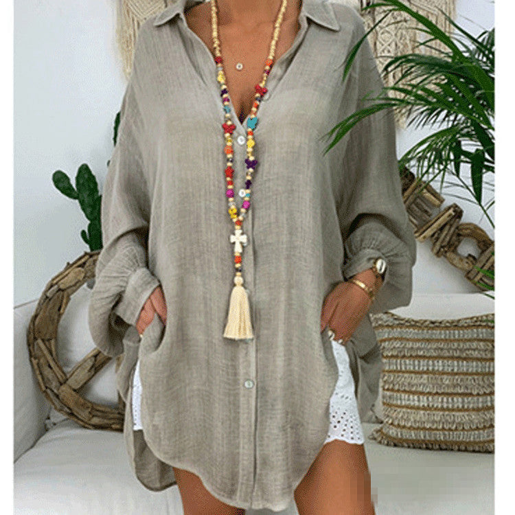 Blusa informal básica de manga larga para mujer, estilo playero, de color liso, talla grande