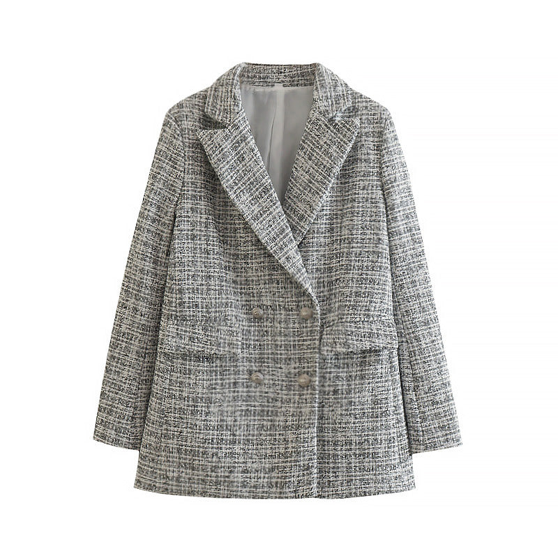 Casual Women Vintage Office Lady Plaid Double Breasted Chic Blazer